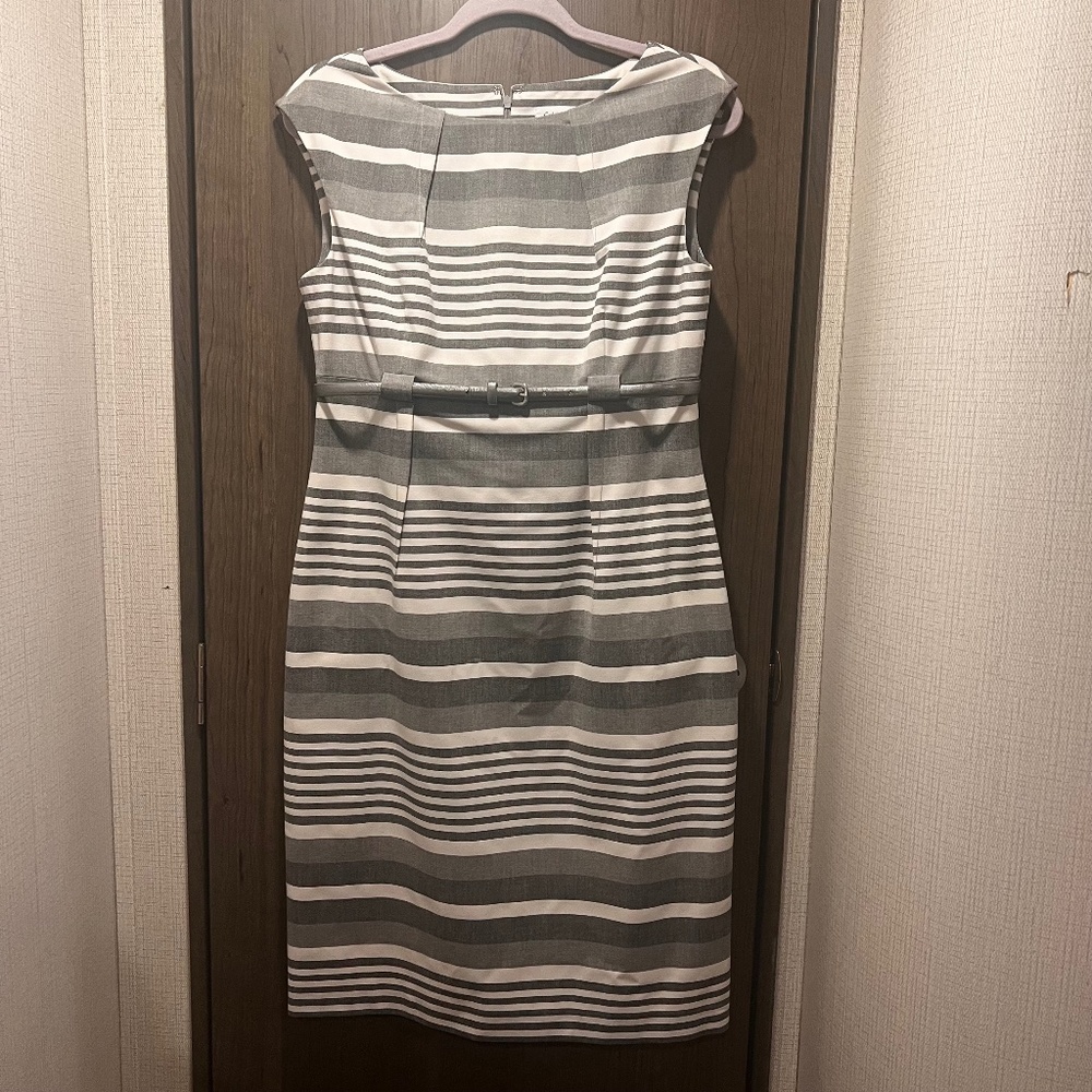 Calvin Klein Grey & White Striped Sheath Dress with Belt – Size 10